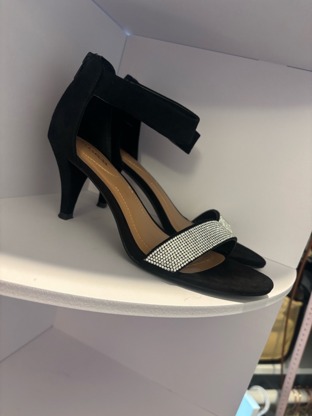 Women’s Black Ankle-Strap Heeled Sandals with Crystal Band